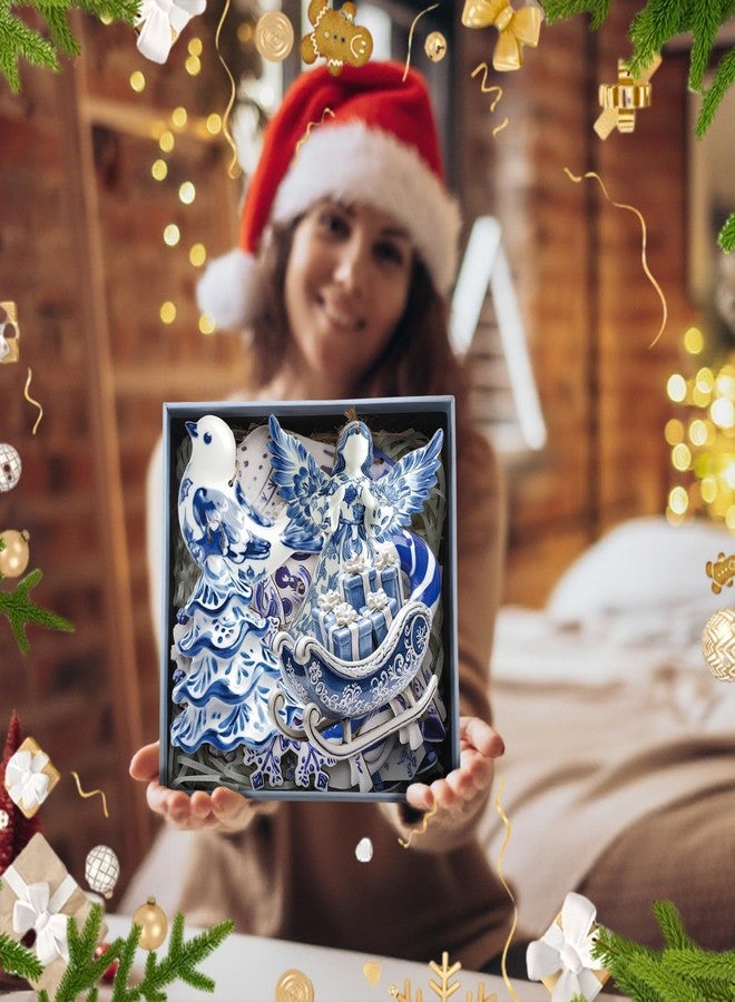 Yuntau 40 Pcs Christmas Chinoiserie Ornaments Blue and White Porcelain Wooden Flat Decoration Christmas Tree Ornaments Chinoiserie Hanging Decor Porcelain Pendants for Small Xmas Tree Decor(Classic) - Image 4